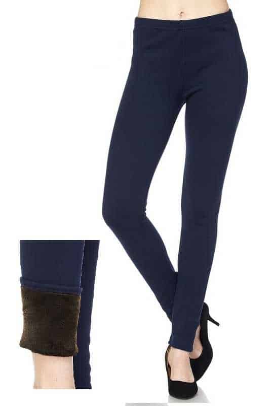 Solid Color 1 Inch Mid Waisted Fur Lined Ankle Leggings - 12