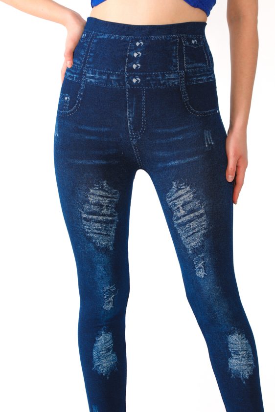 Denim Leggings with Ripped Pattern and Fake Pockets