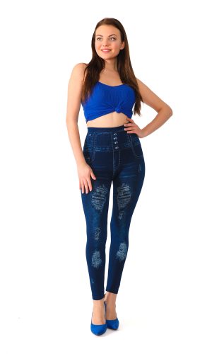 Denim Leggings with Ripped Pattern and Fake Pockets