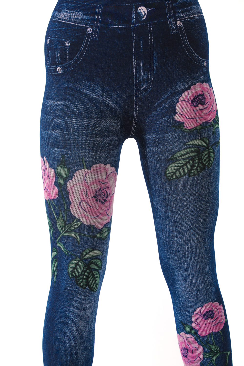 Denim Leggings with Colorful Floral Rosy Pattern