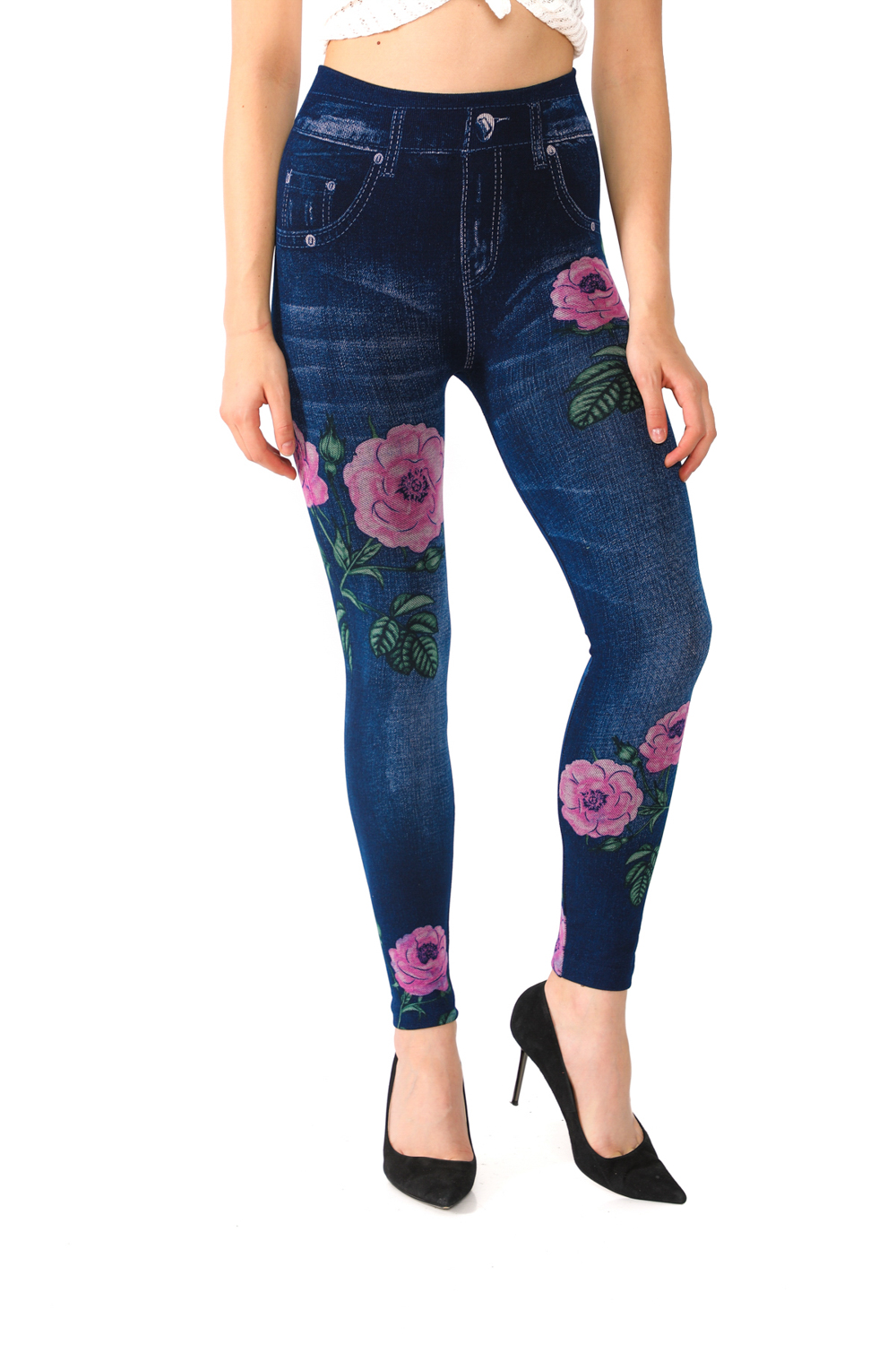 Denim Leggings with Colorful Floral Rosy Pattern