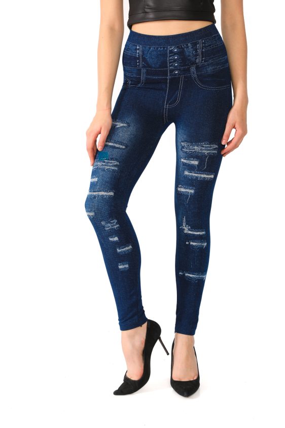 Denim Leggings with Ripped and Button Pattern
