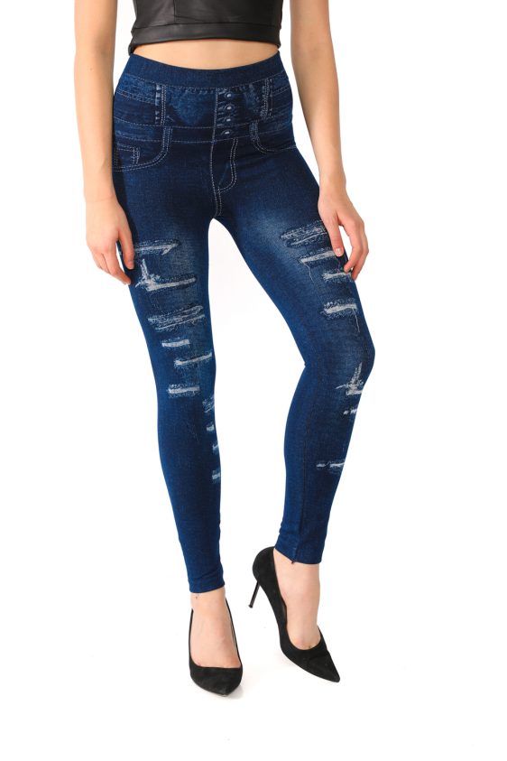 Denim Leggings with Ripped and Button Pattern