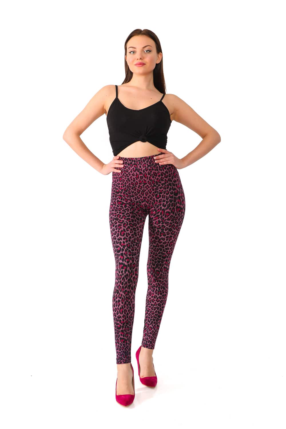 Denim Leggings with Pink Leopard Pattern - 1