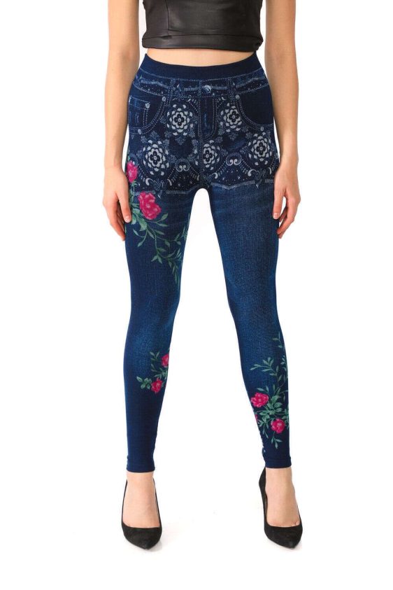 Denim Leggings with Red Floral Paettern