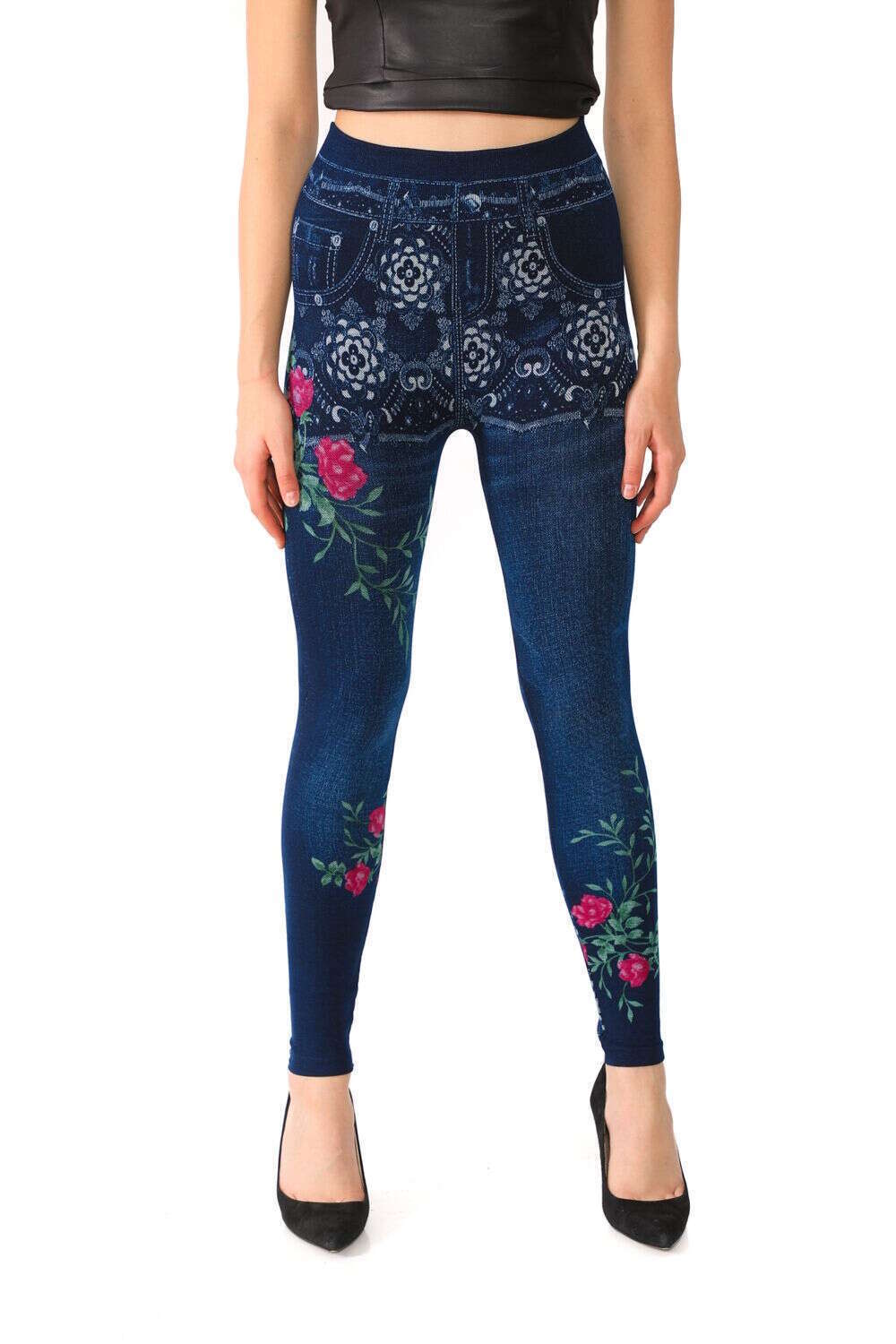 Denim Leggings with Red Floral Paettern