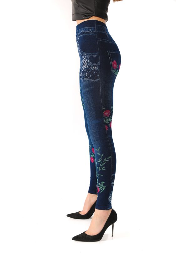 Denim Leggings with Red Floral Pattern