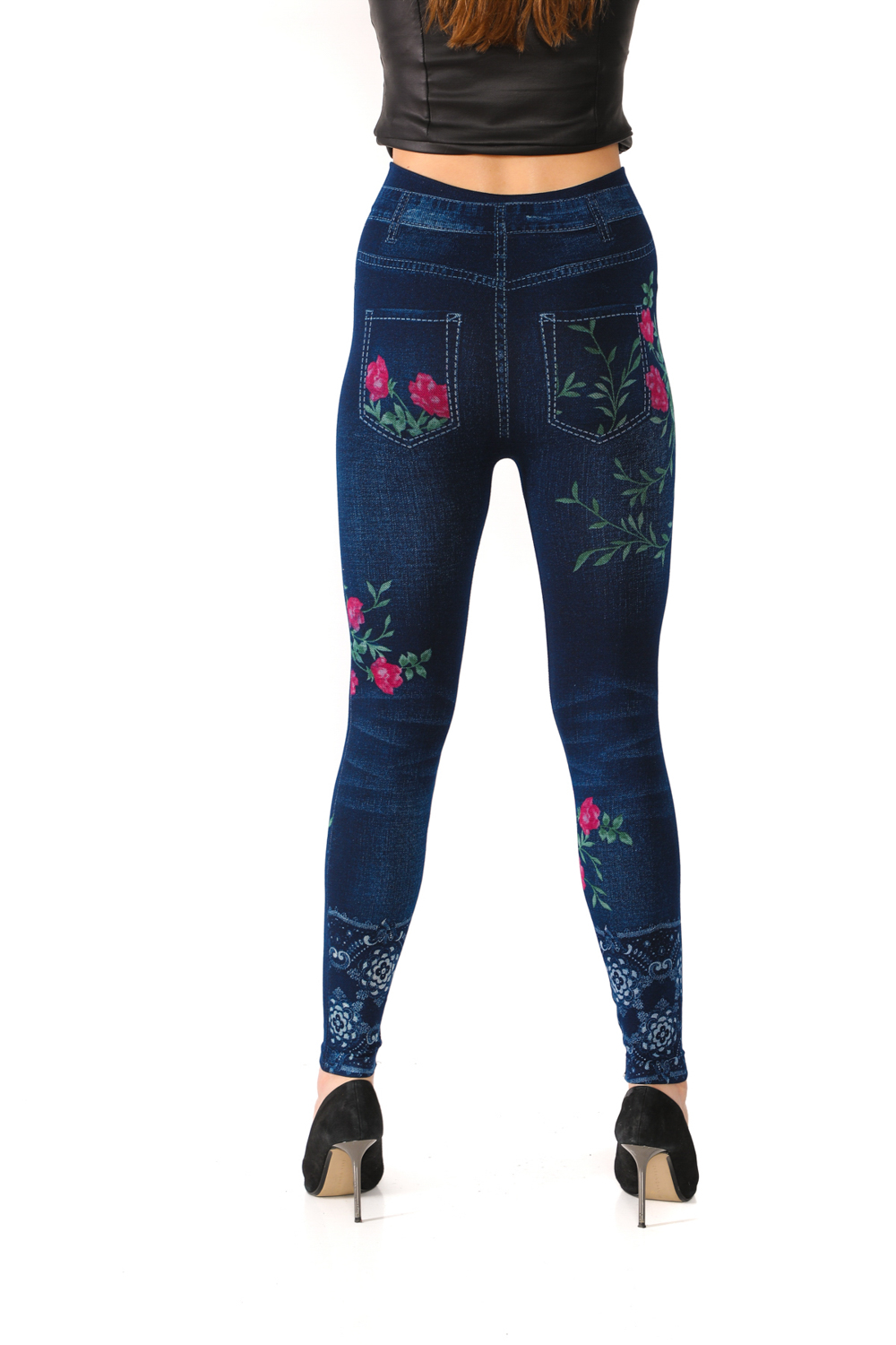 Denim Leggings with Red Floral Pattern