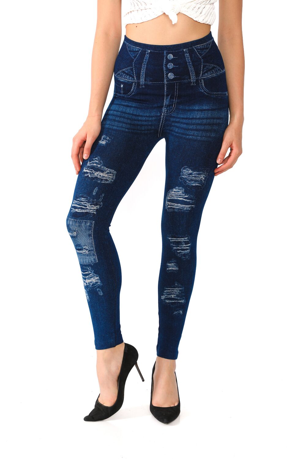 Denim Leggings with Patchy Ripped Pattern