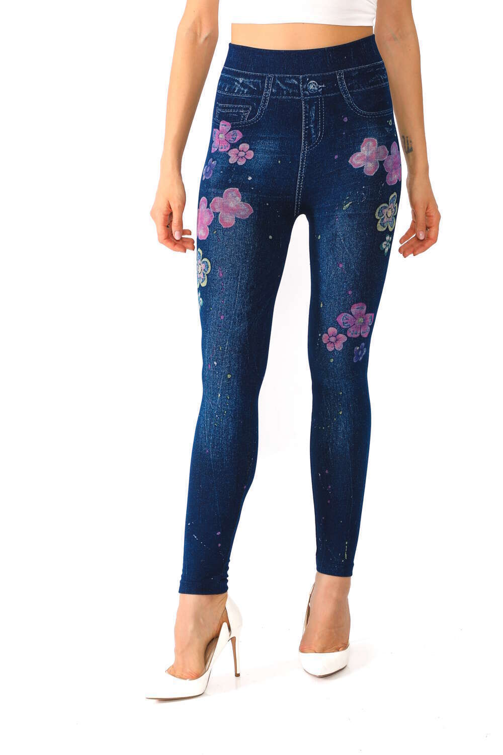 Denim Leggings with Floral Pattern Fake Pockets