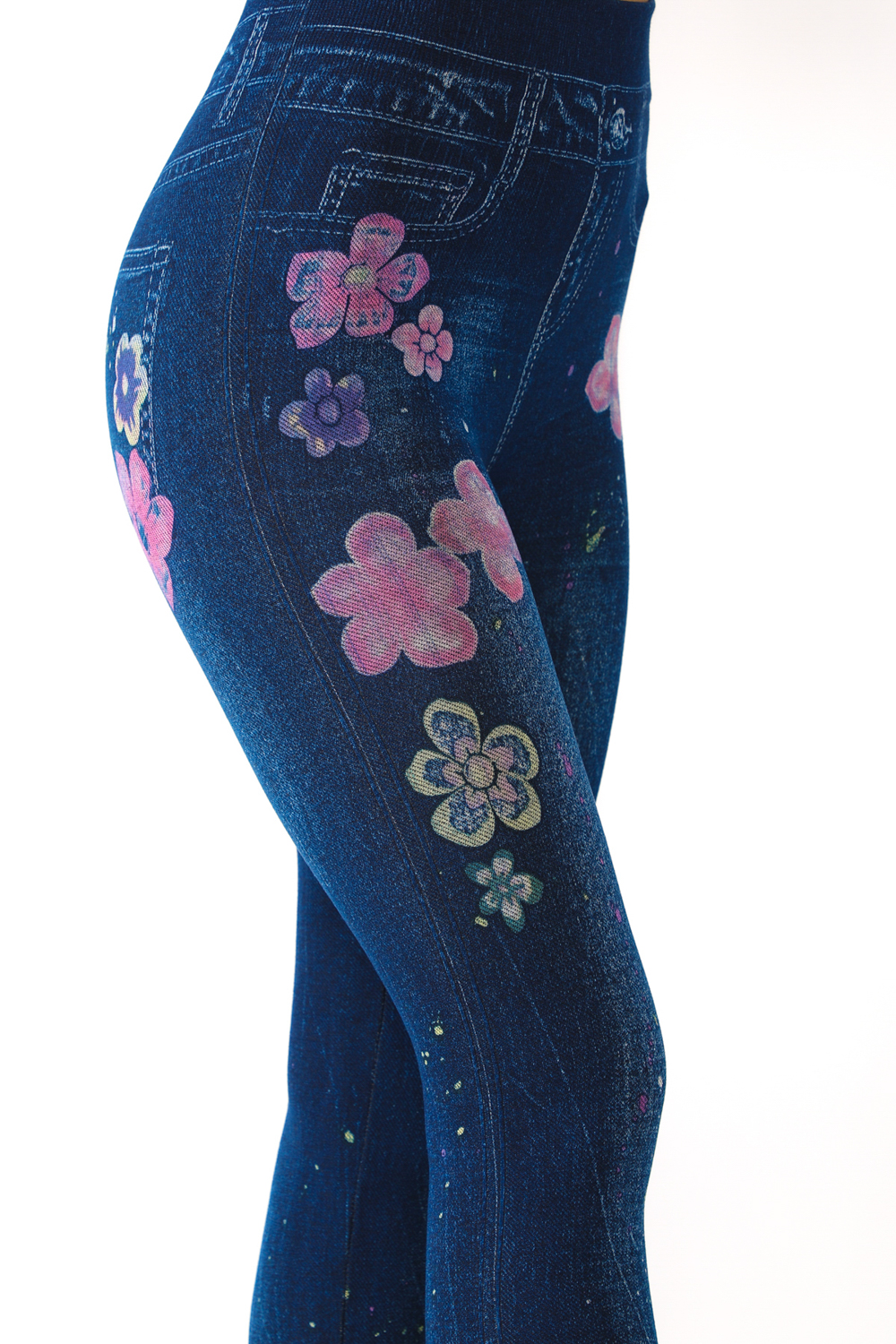 Denim Leggings with Floral Pattern Fake Pockets