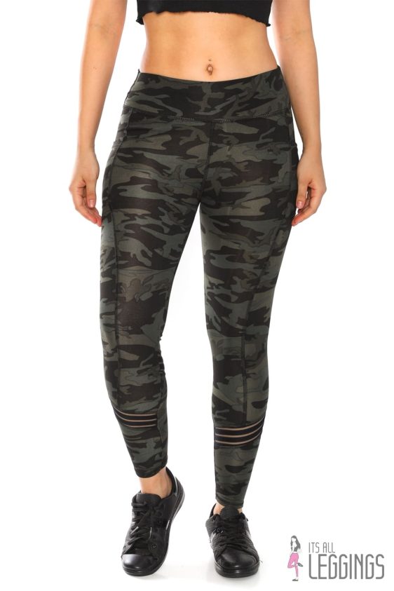 Activewear High Waisted Dark Camo Print Yoga Pants with Contrasting Stripes