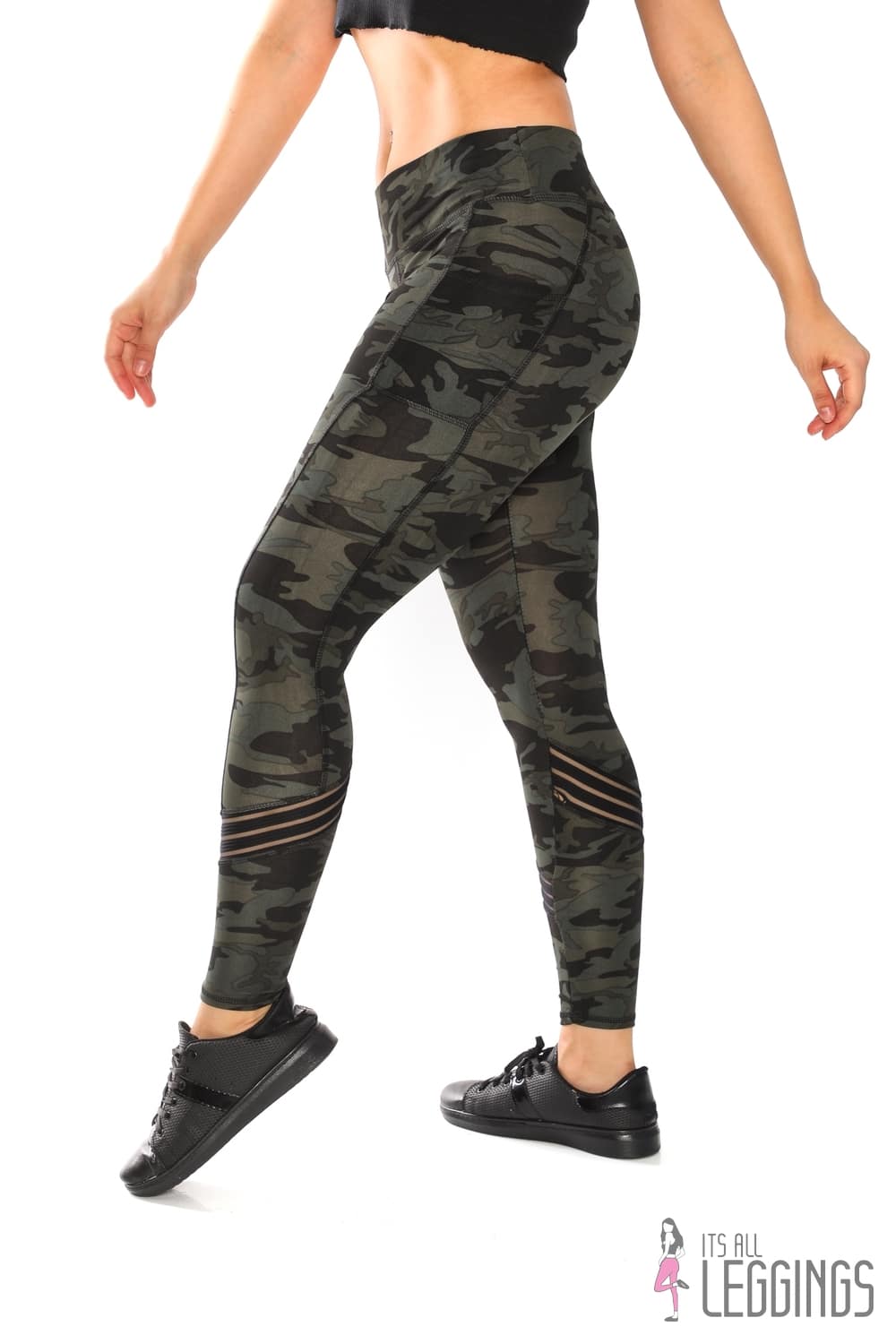 Activewear High Waisted Dark Camo Print Yoga Pants with Contrasting Stripes