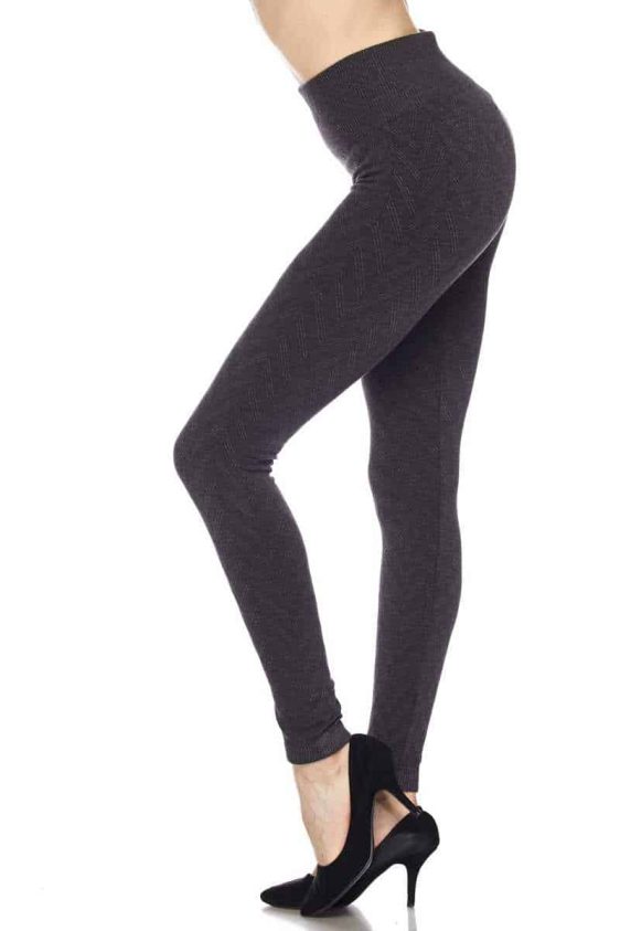 Solid Color 3 Inch High Waisted Textured Fleece Lined Ankle Leggings - 3