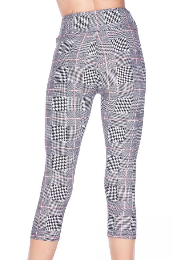 High Waist Grey/Pink Glen Plaid Brush Printed Capri Leggings - 1