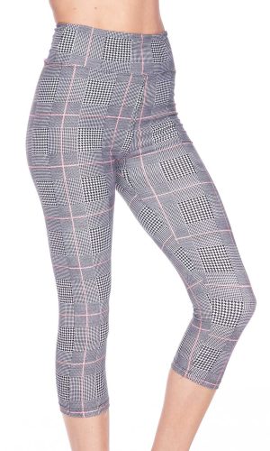 High Waist Grey/Pink Glen Plaid Brush Printed Capri Leggings
