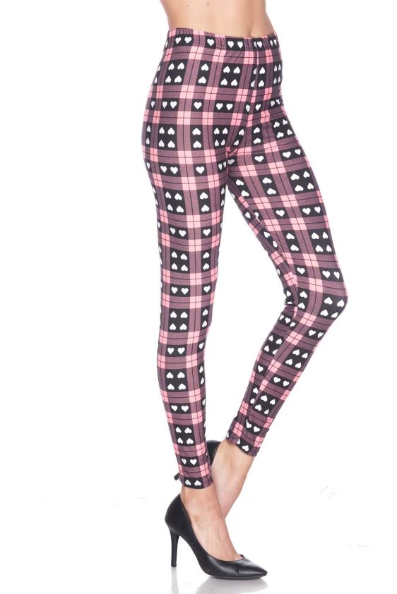 Heart Plaid Box Brushed Printed Leggings - 4