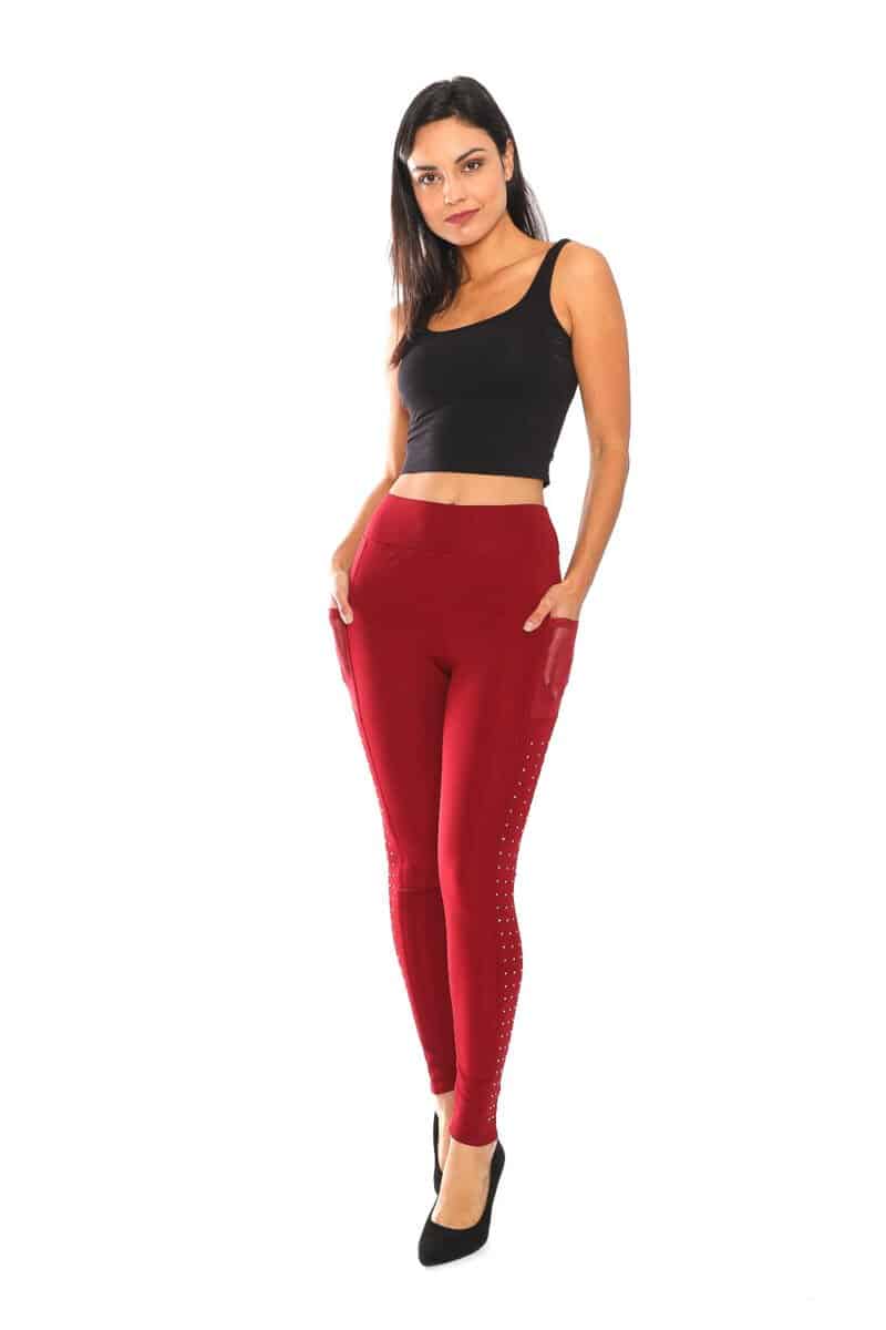 Wide Band Waist Sports Leggings with Phone Pocket (Color : Maroon