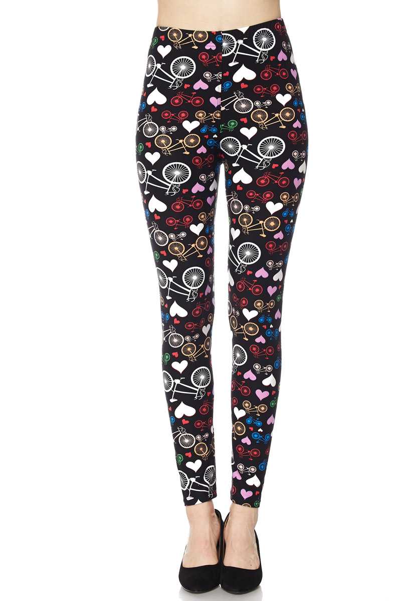 Hearts & Bicycles Print Yummy Brushed Ankle Leggings - 1