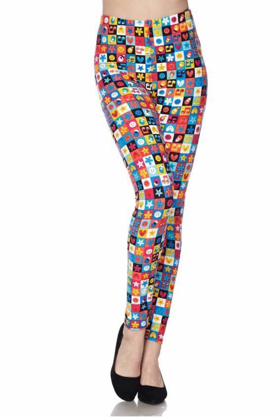 Emoji in Squares Print Brushed Leggings - 2