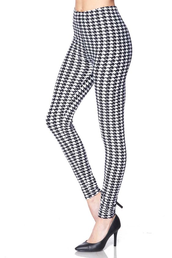 Black and White Hound Tooth Print Brushed Leggings - 3