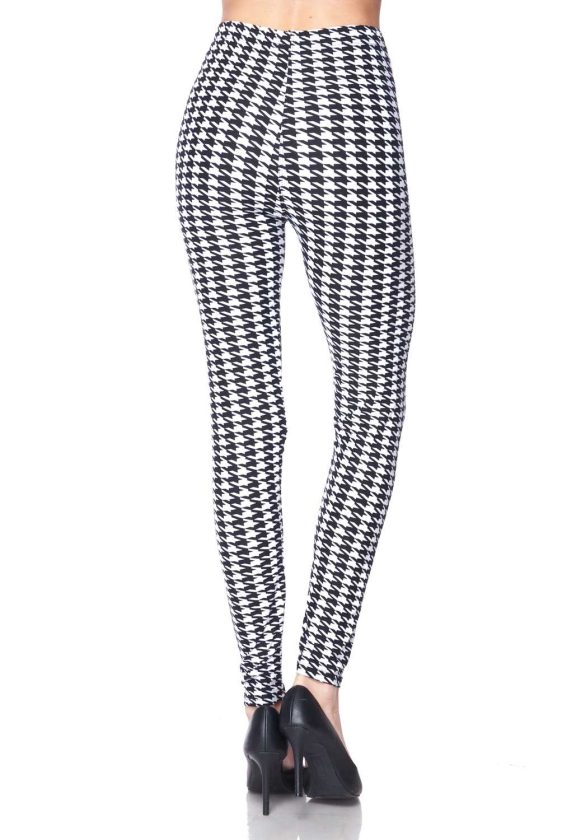 Black and White Hound Tooth Print Brushed Leggings - 1