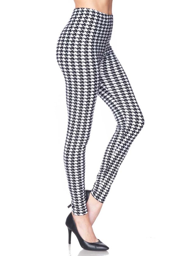 Black and White Hound Tooth Print Brushed Leggings - 4