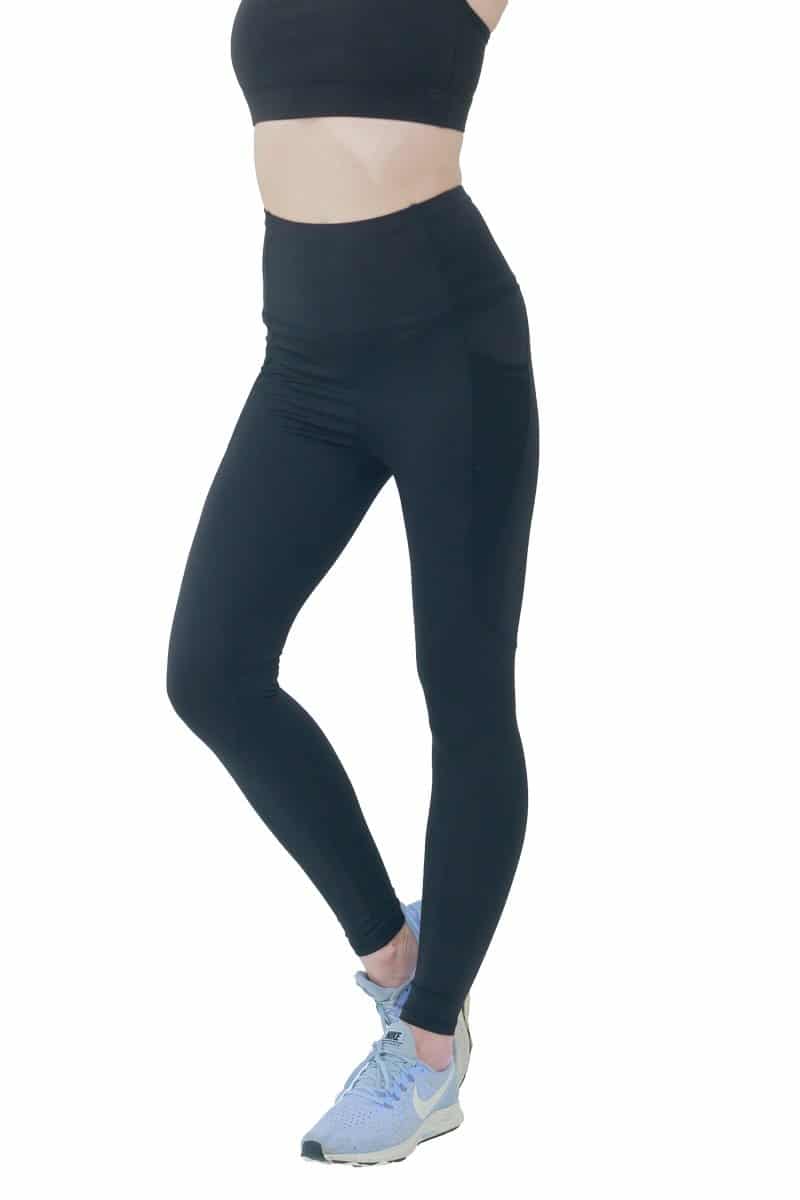 Women Mesh Yoga Pants High Waist 3/4 Length Side Pocket Black
