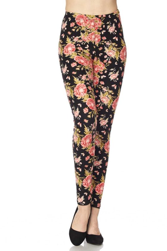 Brushed Ankle Leggings with Rose Pattern - 1