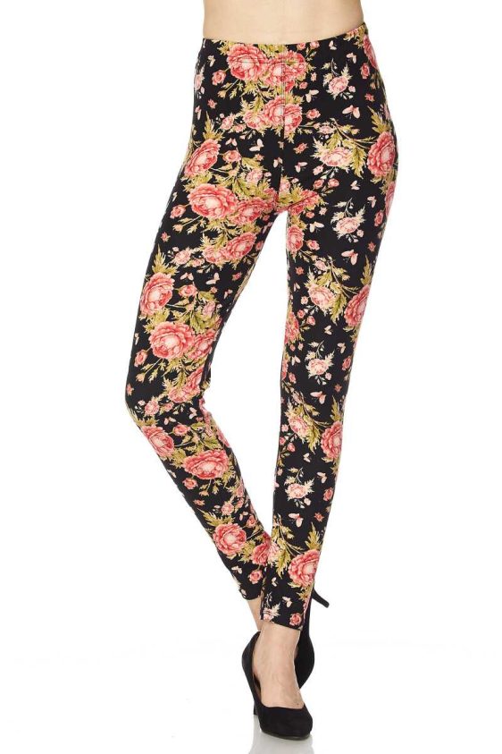 Brushed Ankle Leggings with Rose Pattern - 2