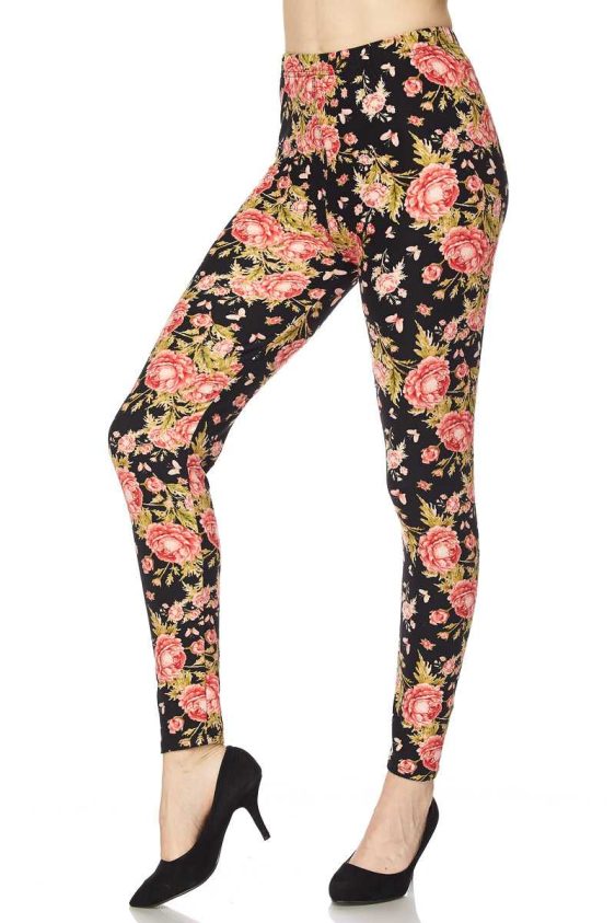 Brushed Ankle Leggings with Rose Pattern - 3