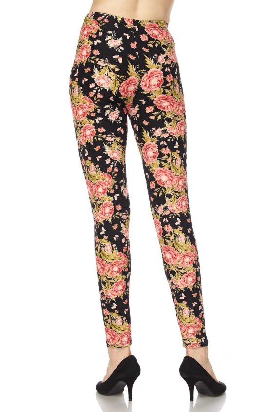 Brushed Ankle Leggings with Rose Pattern - 5