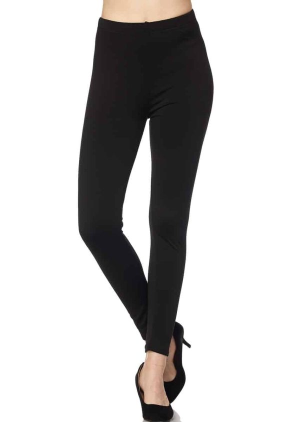 Solid Color 1 Inch High Waisted Fleece Lined Ankle Leggings - 2