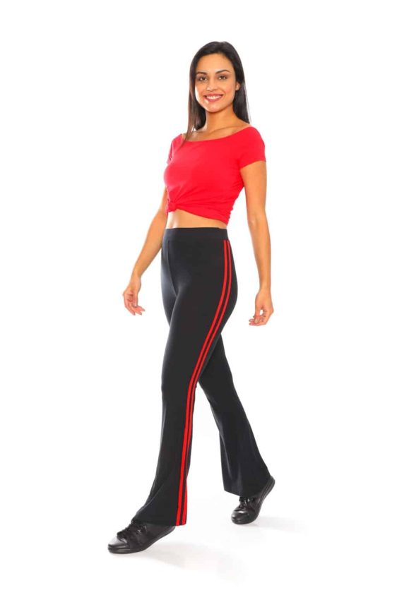 Yummy Material Flare Pants Solid Black with Red Stripes - 2