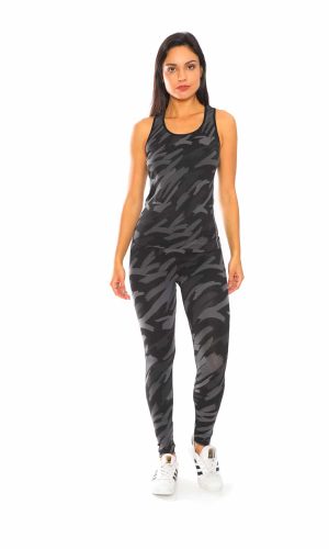 Activewear Sets 2Pcs with Camo Print Side Strip Seamless Racerback Tank Top and Leggings