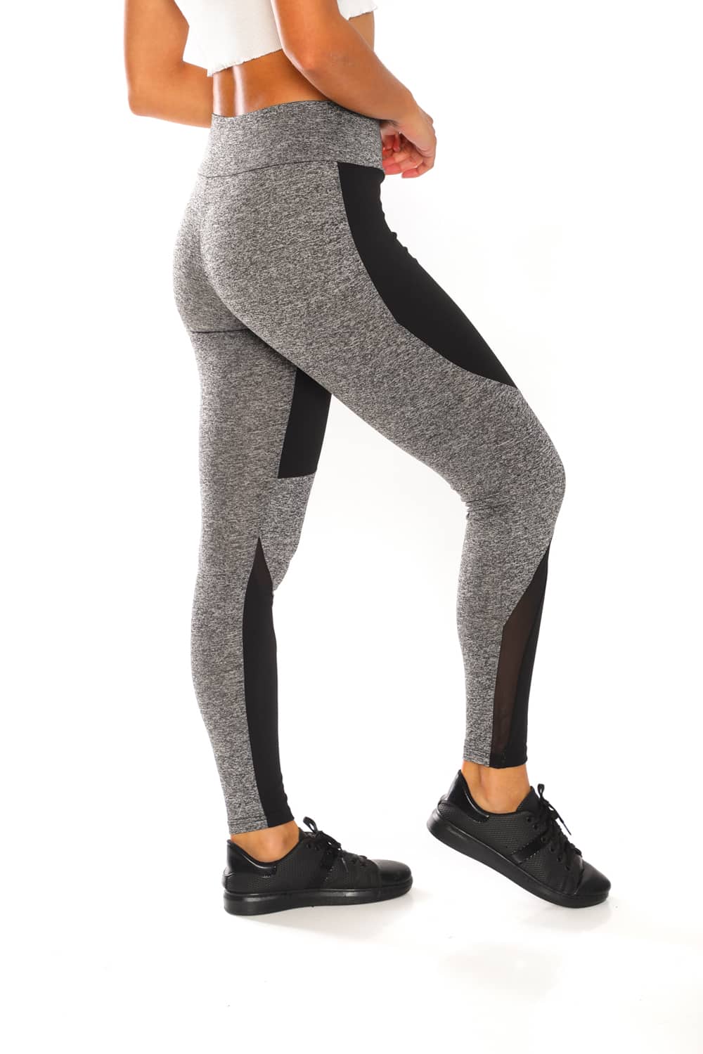 Activewear High Waisted Black and Grey Color Yoga Pants with Mesh Details Under Knees