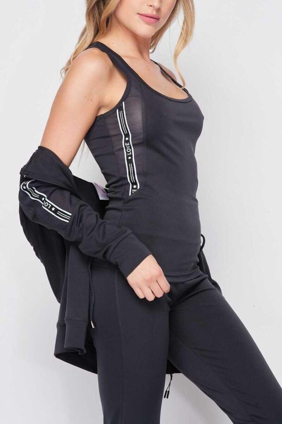 Activewear Sets 3 Pcs with Love Print Zip Up Hoodie Tank Top and Yoga Pants