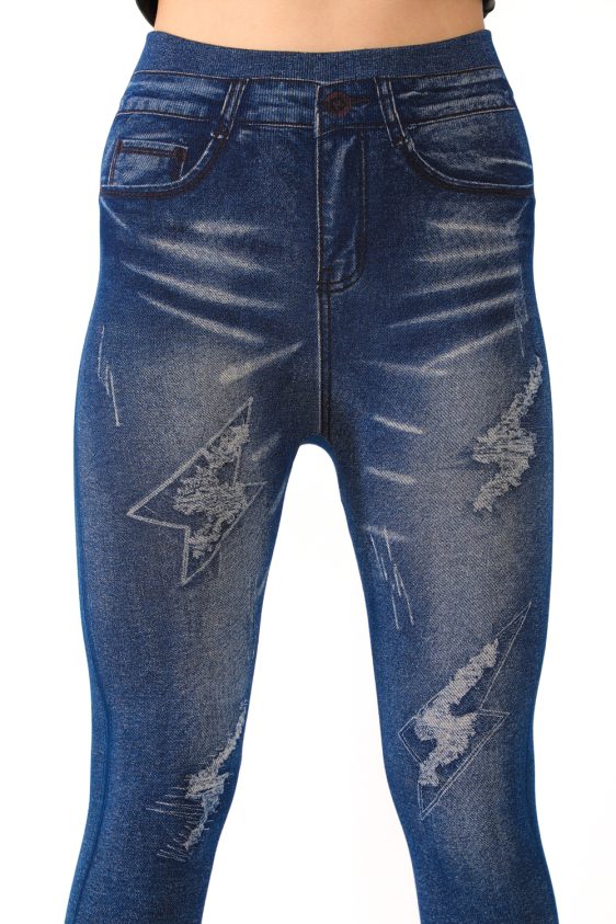 Denim Leggings with Patch and Ripped Pattern