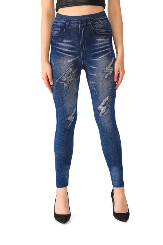 Denim Leggings with Patch and Ripped Pattern