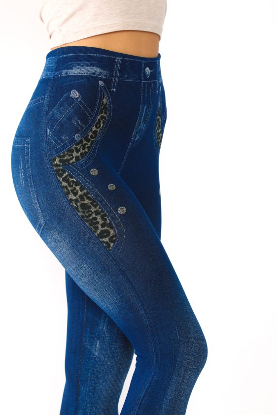 Denim Leggings with Leopard Print in Pocket Sides