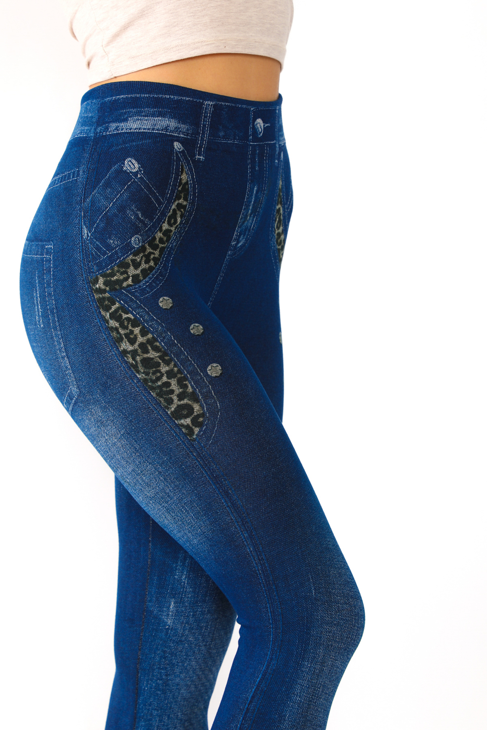 Stretchy denim green leopard print side stripe jeggings featuring pull on  style with front and back pockets. - Pack Breakdown: 6pcs / pack - Sizes:  2S / 2M / 2L - Inseam