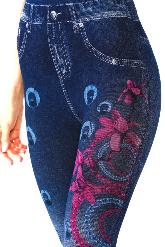 Denim Leggings with Pinkish Floral Pattern - 6