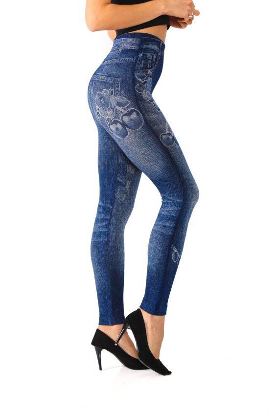 Denim Leggings with Floral and Cherries Pattern - 1