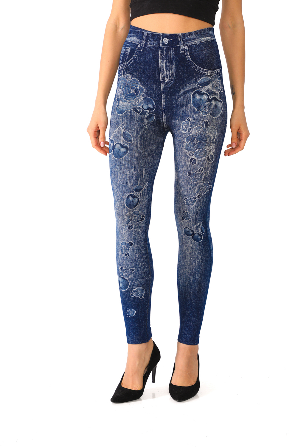 Denim Leggings with Floral and Cherries Pattern - Its All Leggings