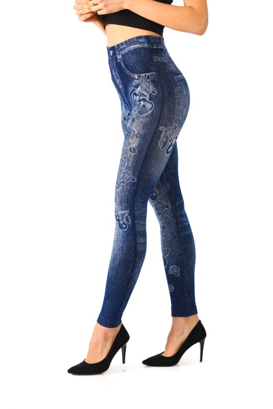 Denim Leggings with Floral and Cherries Pattern - 5