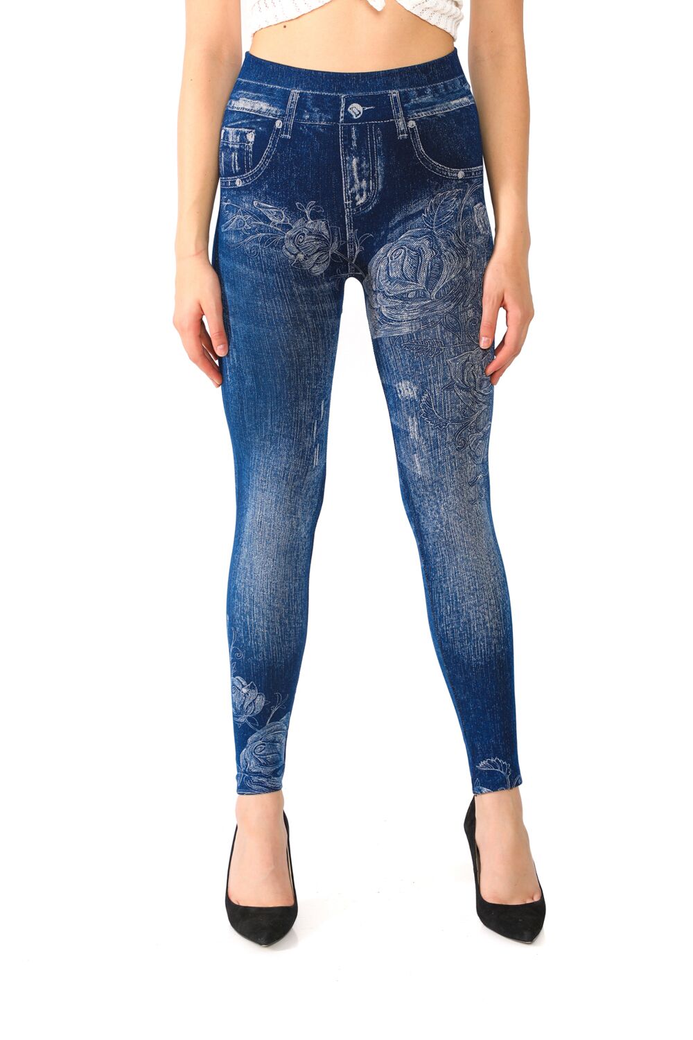Denim Leggings with Rosy Floral Pattern - 2