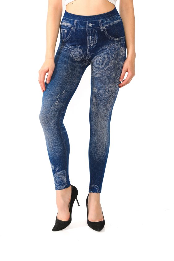 Denim Leggings with Rosy Floral Pattern - 4