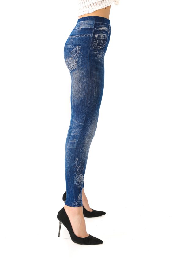 Denim Leggings with Rosy Floral Pattern - 5