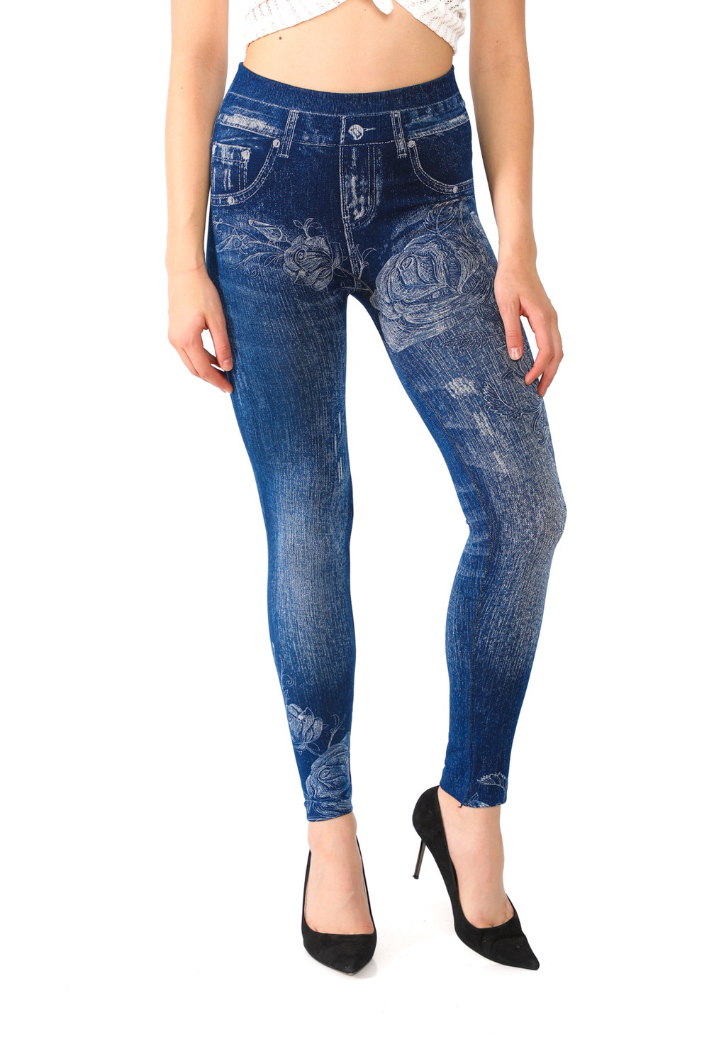 Denim Leggings with Rosy Floral Pattern - 6