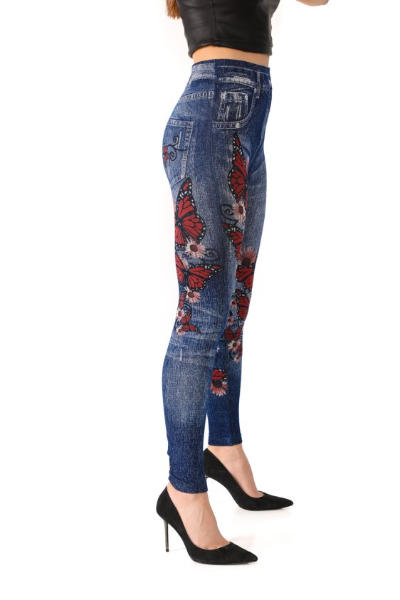 Denim Jeggings with Butterflies and Floral Pattern - 1